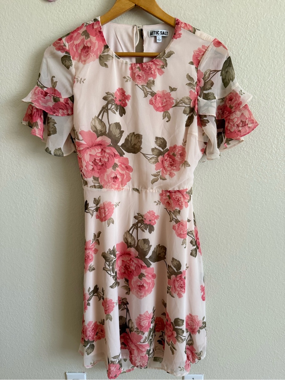 Attic Salt Pink Floral Ruffle-Sleeve Mini Dress Size L